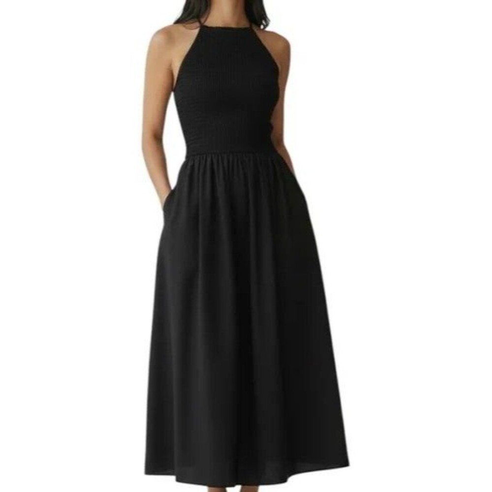 J. Crew Friday dress In Cotton Poplin Smocked Black Open Back Pockets Sz L